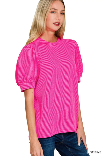 Zenana Raised Rib Puff Sleeve Top