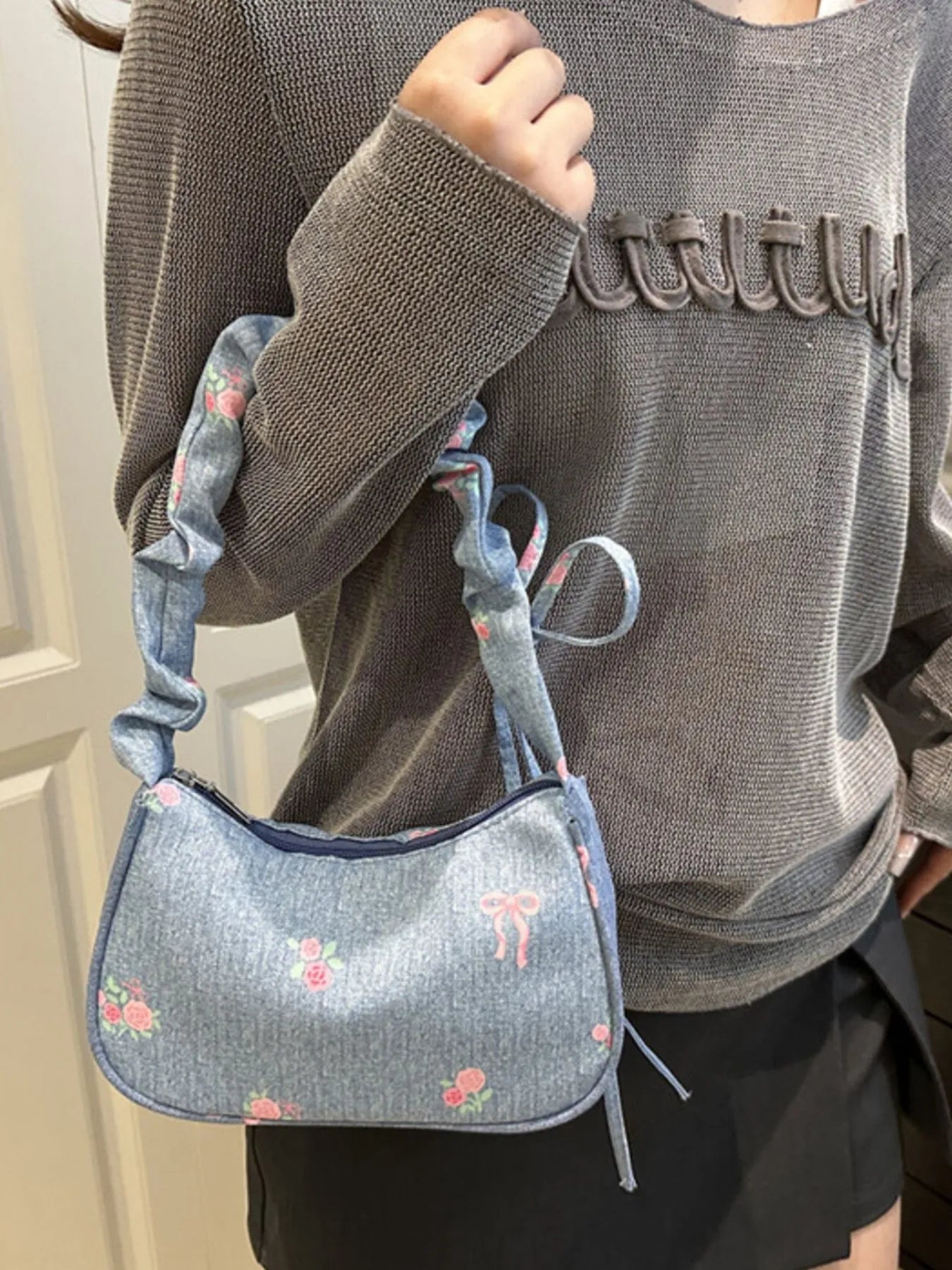 Embroidered Ruched Strap Shoulder Bag
