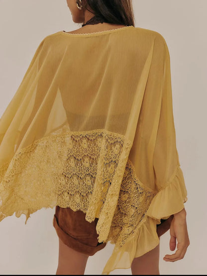 Lace V-Neck Ruffle Long Sleeve Cover-Up