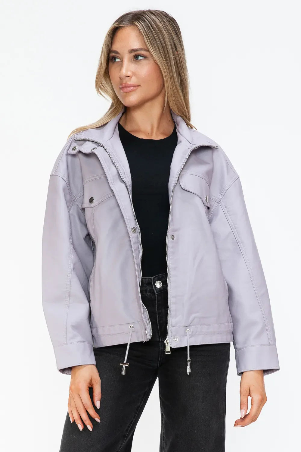 How Dare U Drawstring Hem PU Leather Zip Up Jacket