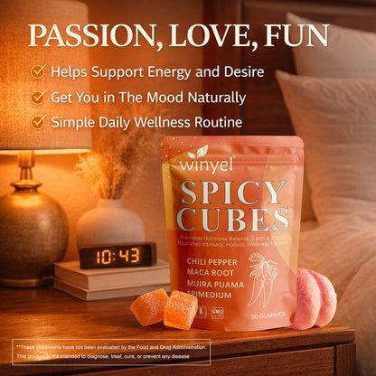 Spicy Intimacy Gummies with Chili Pepper Maca Root Muira Puama Epimedium Hormone Balance Calmness Wellness Peach Flavor 30 Gummies