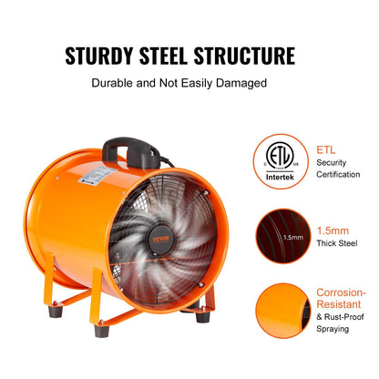 VEVOR Portable Ventilator, 12 Inch Heavy Duty Cylinder Fan With 16.4ft Duct Hose, 585W Strong Shop Exhaust Blower 3198CFM, Industrial Utility Blower For Sucking Dust, Smoke, Smoke Home Workplace