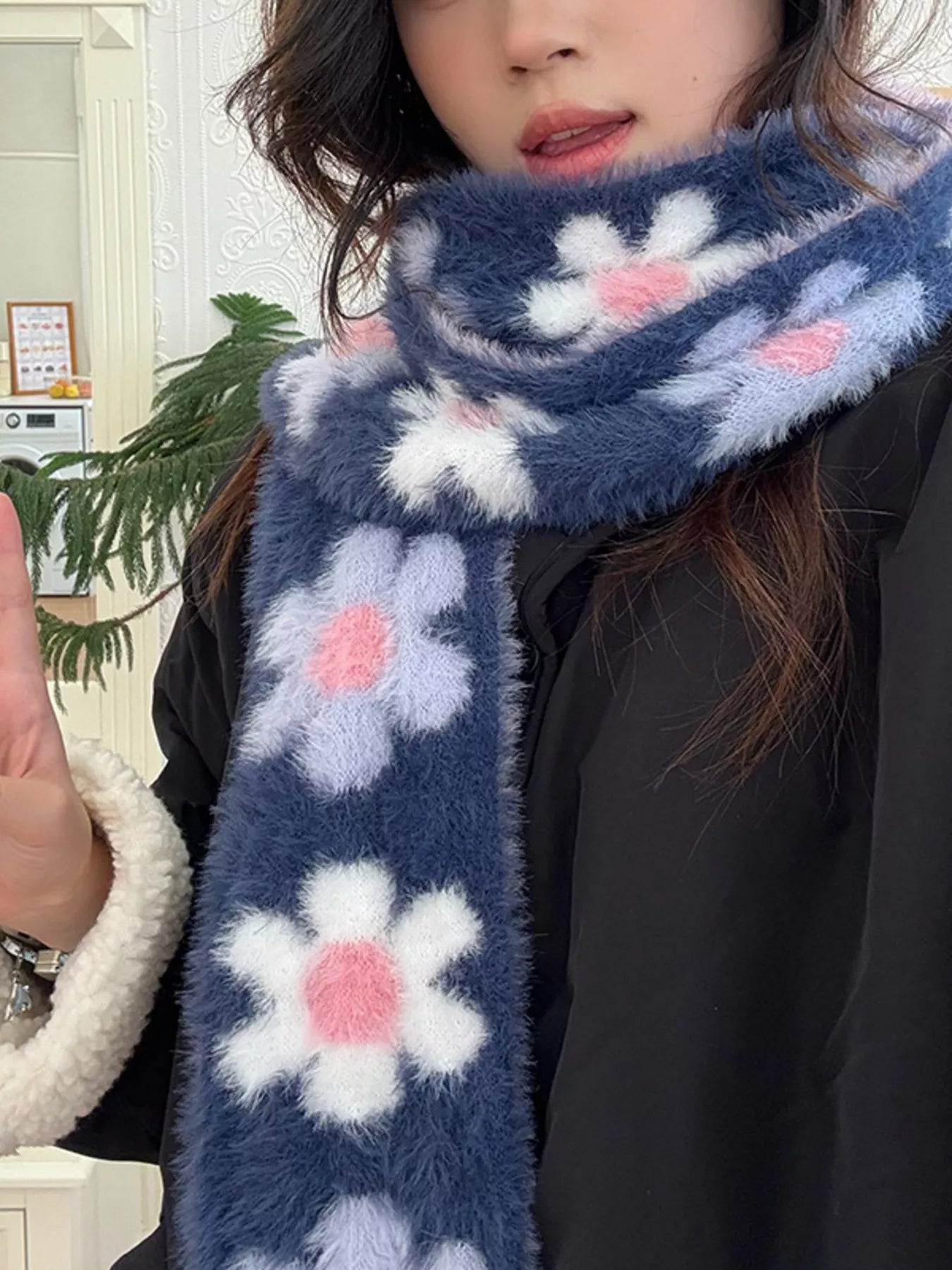 Floral Fuzzy Knit Scarf