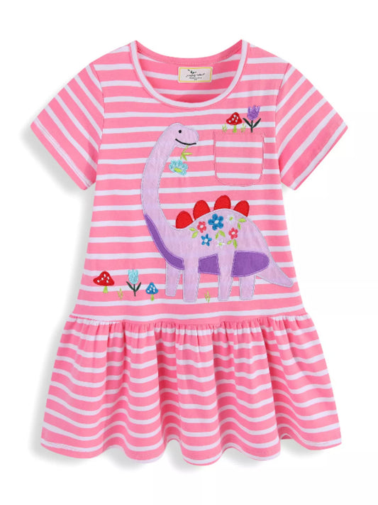 Children's Striped Dinosaur Embroidered Casual Dress