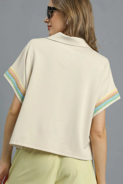 Umgee Contrast Trim Half Zip Collared Blouse