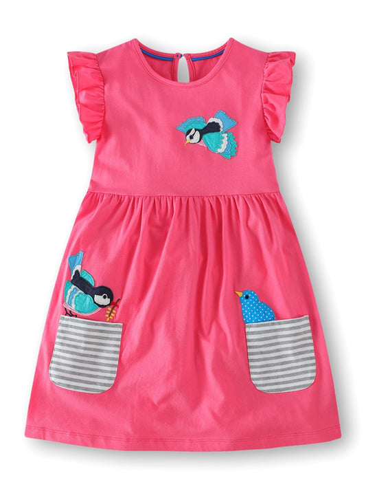 Children's Bird Applique Pocket Ruffle Sleeve Dress