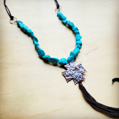 **Chunky Magnesite Beaded Cross Necklace w/ Leather Tassel 258j