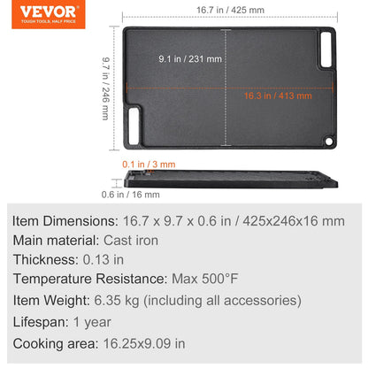 VEVOR Reversible Grill Griddle, Pre-Seasoned Cast Iron Griddle, Rectangular Double Burner Griddle Pan, Non-Stick Family Pan Cookware With Handles, Flat Top Plate For BBQ, Gas Grill, Black