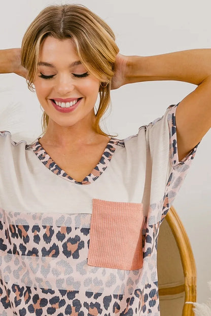 BiBi Leopard Stripe with Slub Terry Color Block T-Shirt