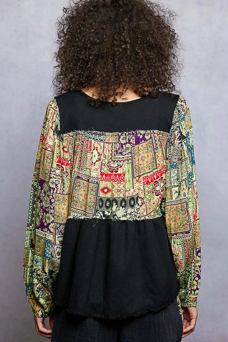 POL Balloon Sleeve Peplum Blouse with Trim Detail
