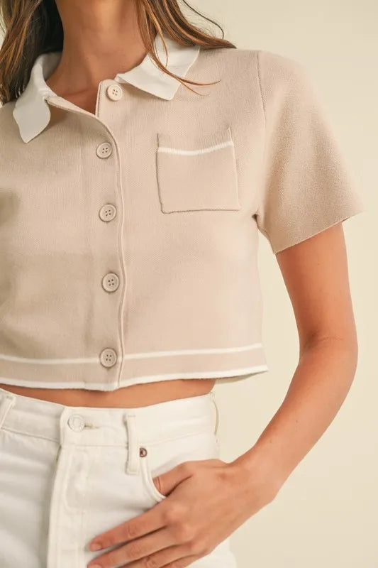 MABLE Button Down Contrast Collared Knit Cardigan