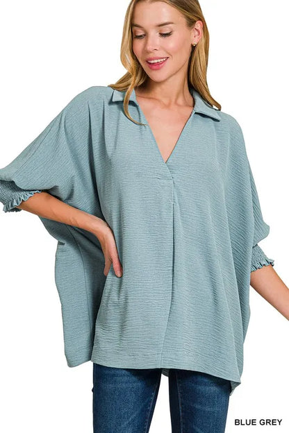 Zenana Airflow Collar Tee with Smocked Sleeve Band Top