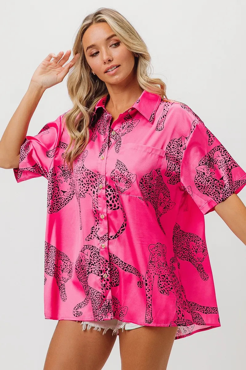 BiBi Leopard Print Short Sleeve Silky Satin Shirt Top