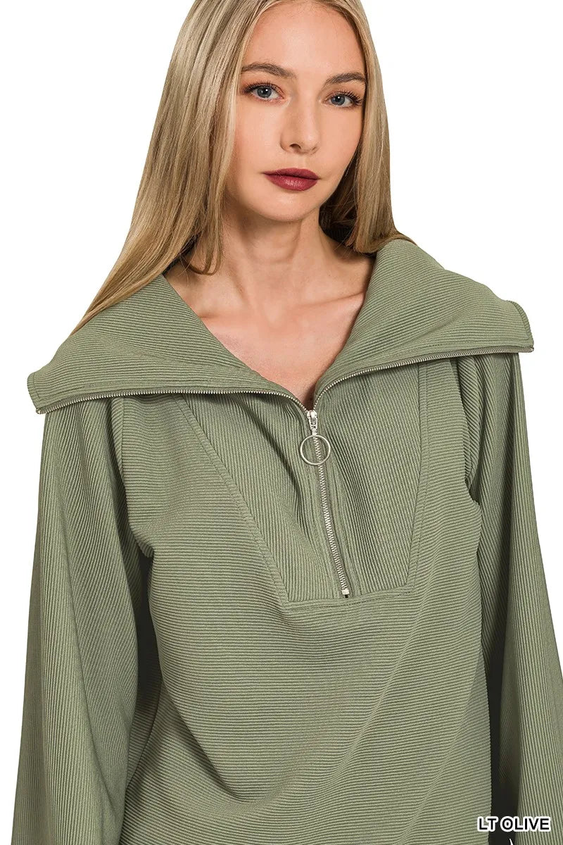 Zenana Ribbed High Neck Half Zip Pullover & Pants Set