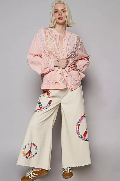 POL Exposed Seam Button Down Hooded Jacket with Lace Detail