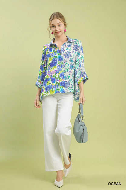 Umgee Mixed Floral Oversized Button Down Shirt