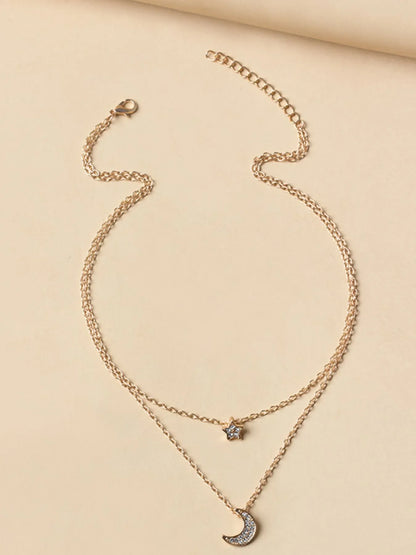 Double Layered Star and Moon Pendant Necklace