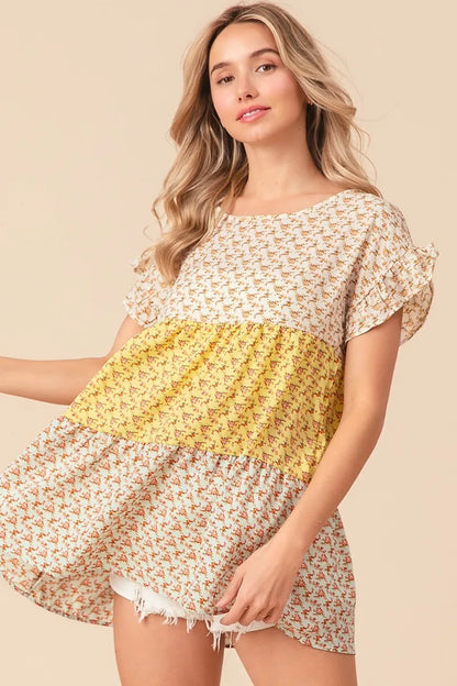 BiBi Flroal Printed Woven Color Block and Tiered Top