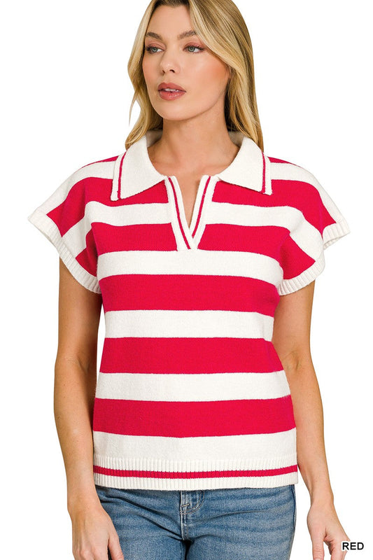 Zenana Striped Collared Short Sleeve Sweater
