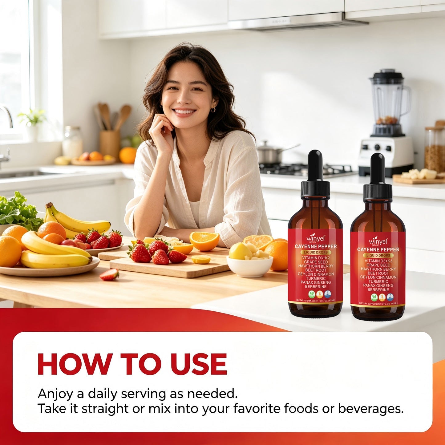 WINYEL Cayenne Pepper Drops Herbal Supplement, Hawthorn Berry, Vitamin D3 K2, Beet Root, Ceylon Cinnamon, Turmeric & Berberine Extract, 60ML