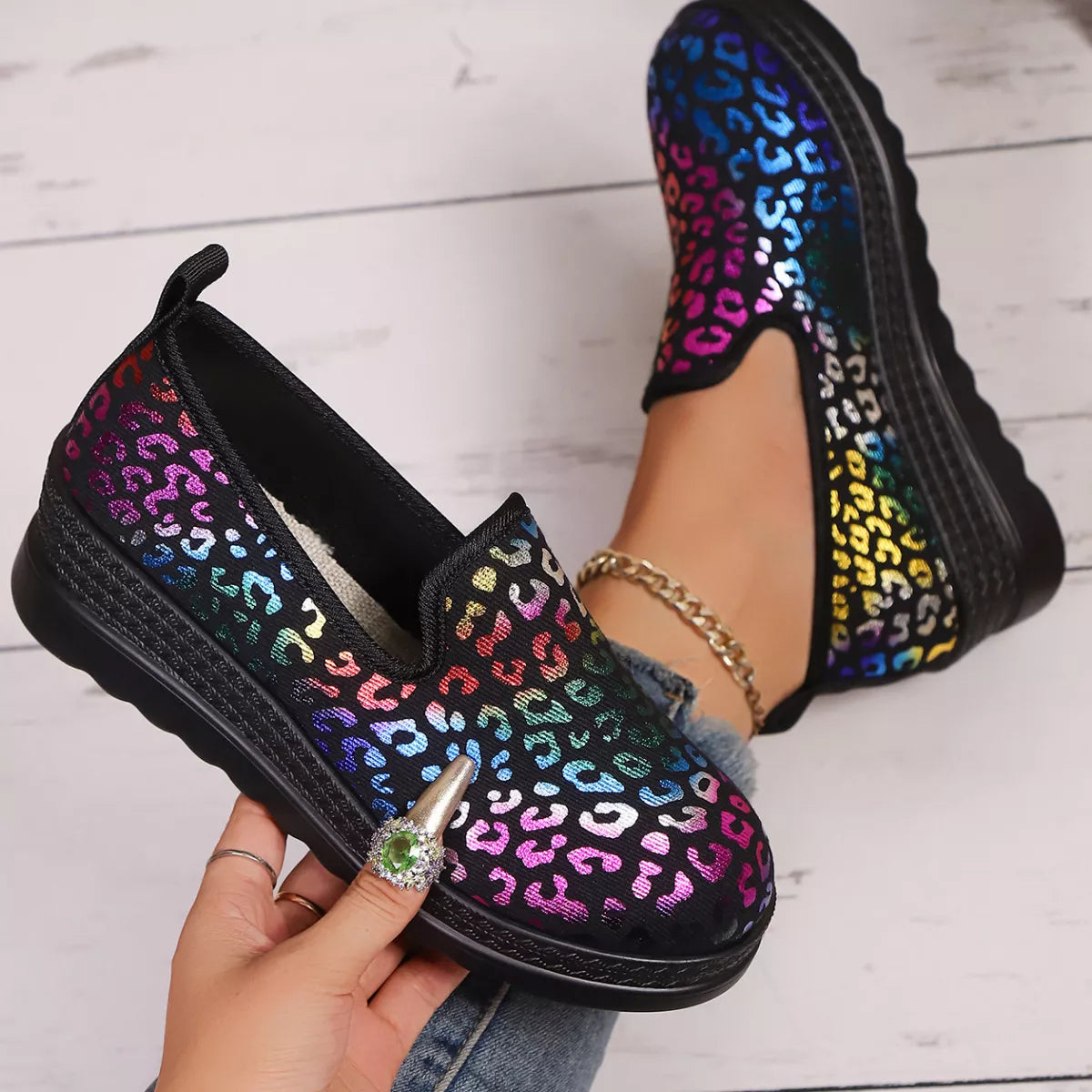 Leopard Round Toe Wedge Slip-Ons