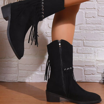 Fringe Western Block Heel Boots