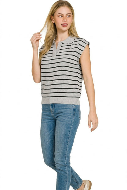 Zenana Viscose Striped Collared Sweater Vest