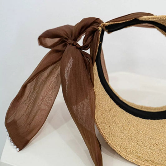 Ribbon-Tie Straw Visor Sun Hat