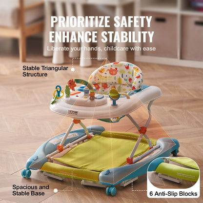 4-in-1 Baby Walker, Foldable Baby Activity Center On Wheels, 3 Adjustable Height, Music  Toys Tray, Learning-Seated Walk-Behind  Rocker Bouncer Toddler Walker For Girls Boys 6-24 Months