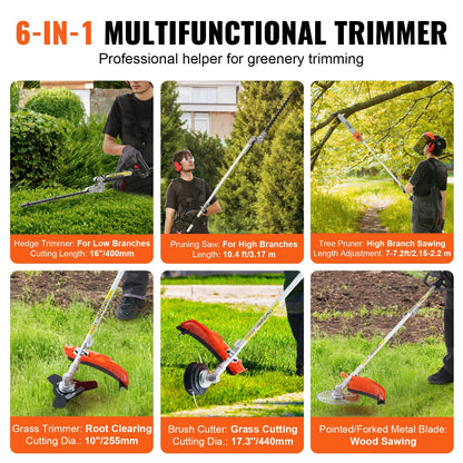 43CC 6-in-1 Multi-Functional Trimming Tools, Gas Hedge Trimmer, Weed Eater, String Trimmer, Brush Cutter, Edger, Pole Saw Chainsaw Pruner With Extension Pole