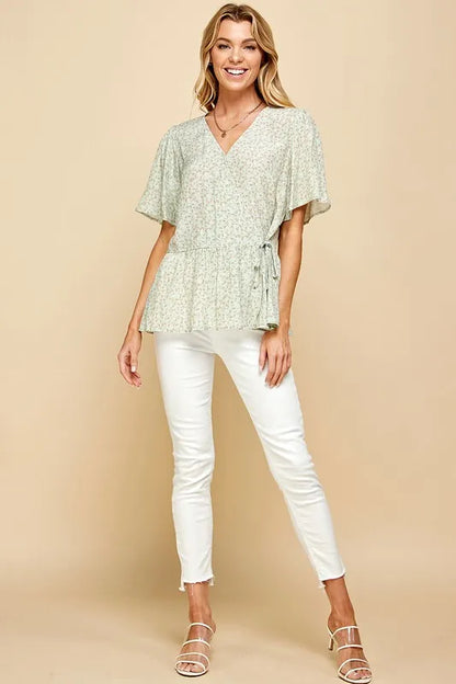 Lime 'N' Chili Ditsy Print V-Neck Short Sleeve Wrap Blouse