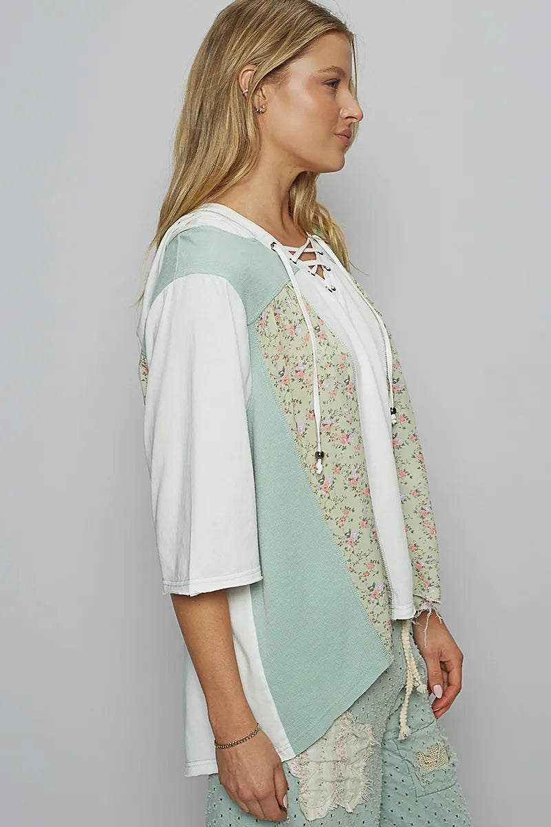 POL Lace-Up Hooded T-Shirt with Paisley Panel Detail