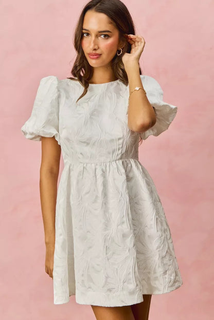 SO ME Floral Jacquard Bubble Shorts Sleeves Mini Dress