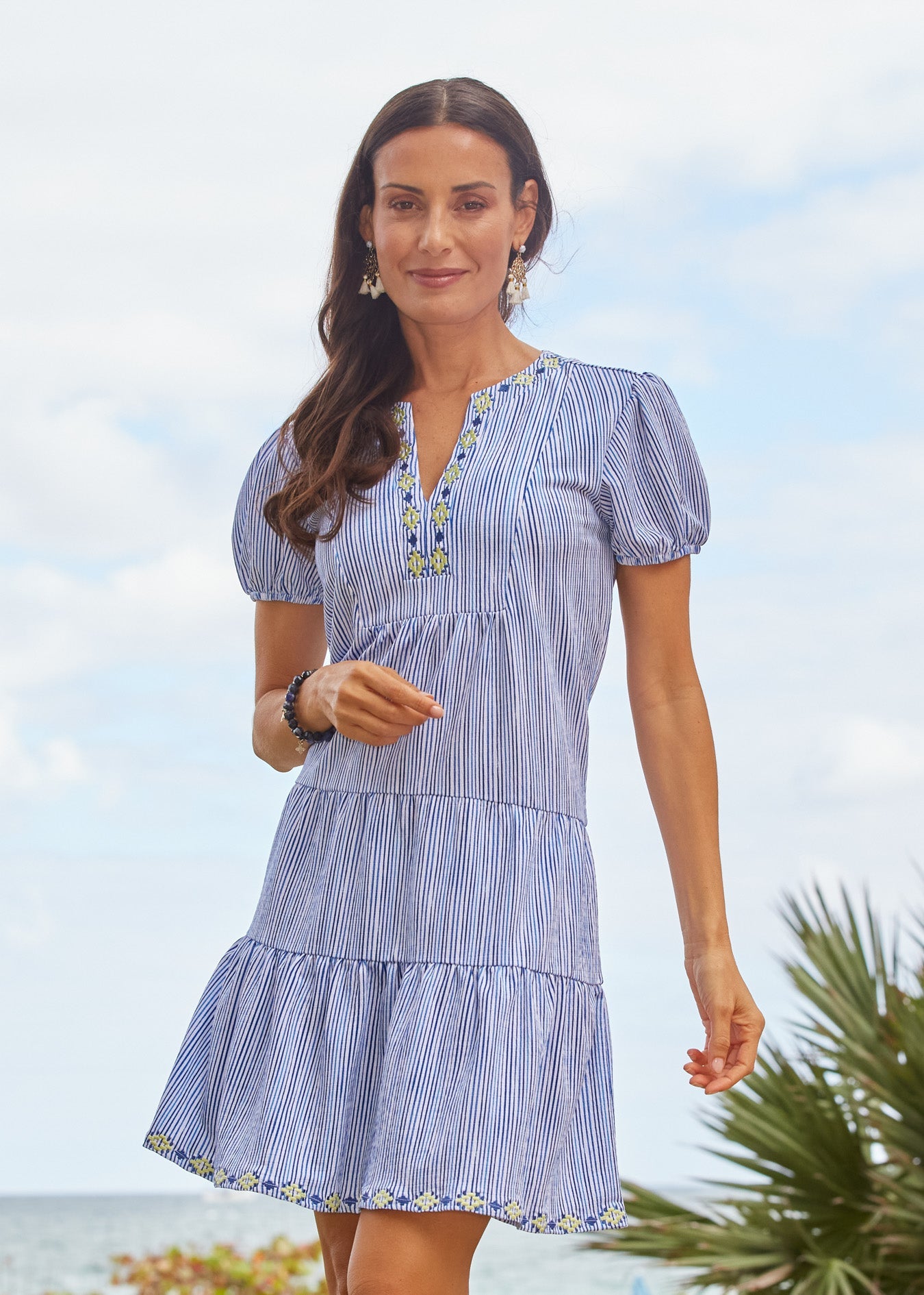 Seaside Embroidered Short Sleeve Tiered Dress