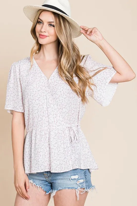 Lime 'N' Chili Ditsy Print V-Neck Short Sleeve Wrap Blouse