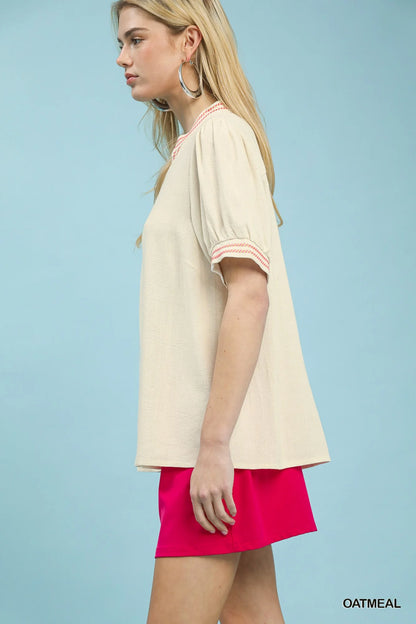 Umgee Embroidery Linen Puff Sleeve Blouse