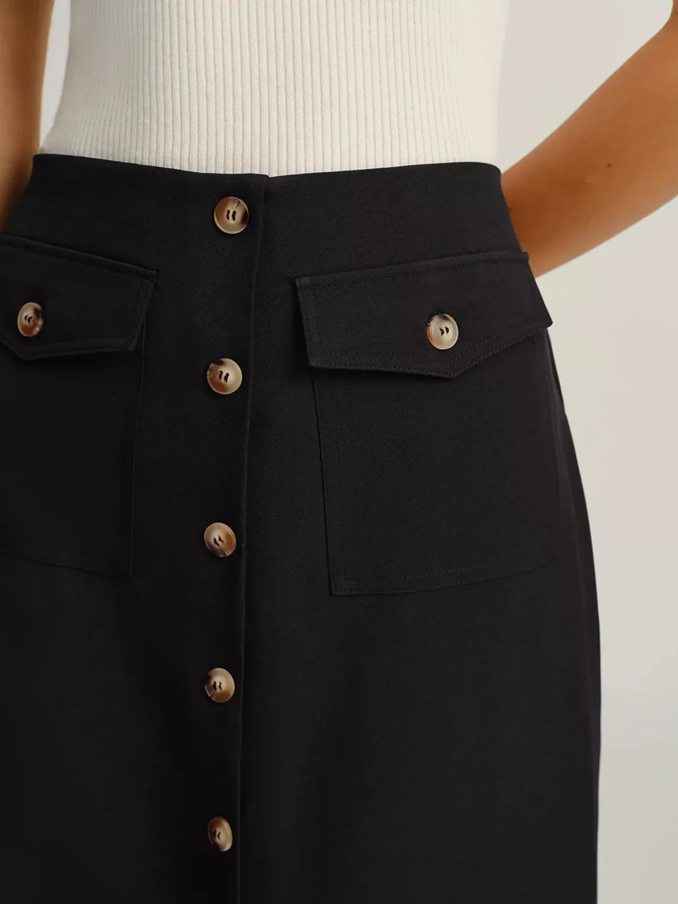 Button-Front Midi Skirt with Pockets