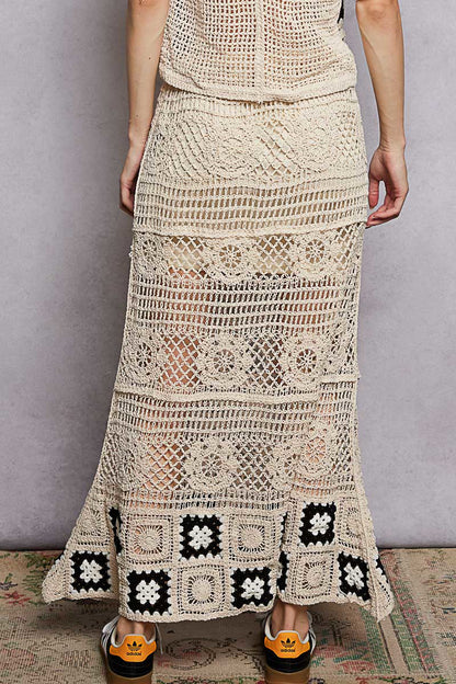 POL Floral Crochet Ruffled Waistband Maxi Skirt with Granny Square Weave