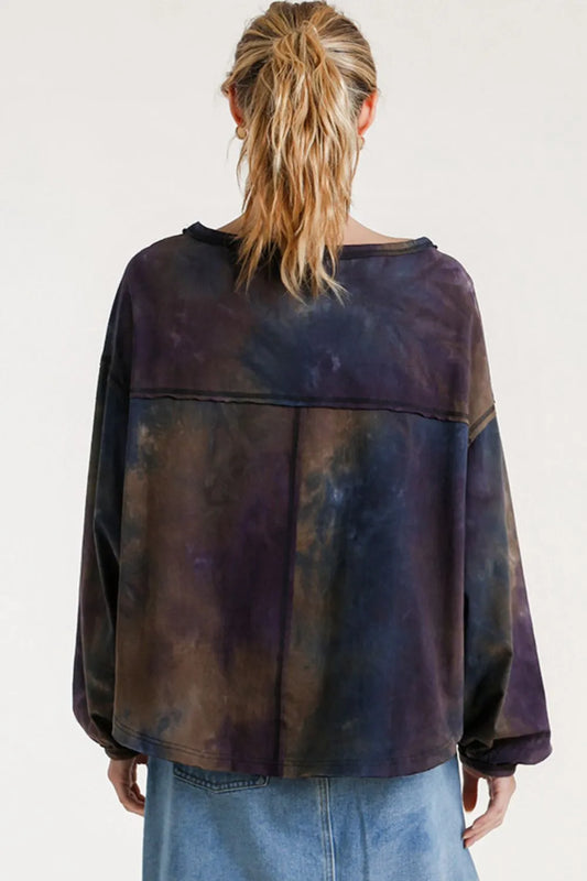 Umgee Full Size Tie Dye Round Neck Long Balloon Sleeve Top Plus Size