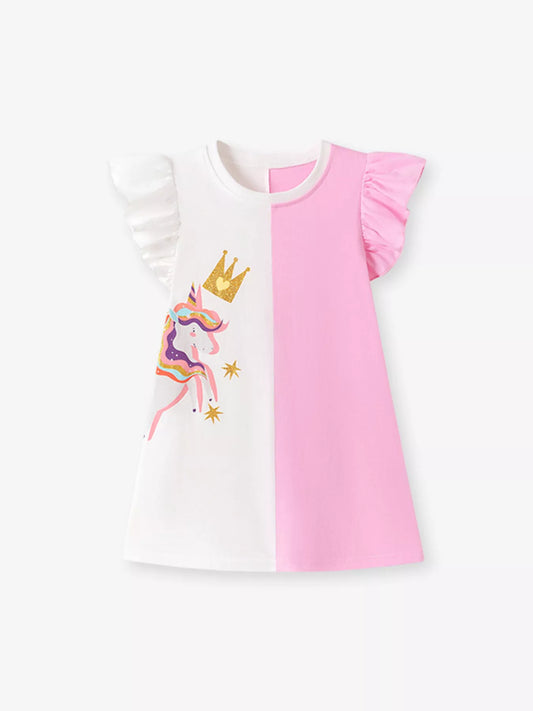 Children's Unicorn Color Block Ruffle Sleeve Dress