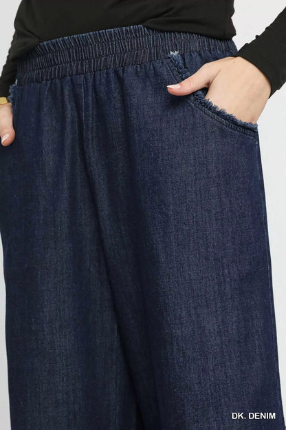 Umgee Washed Fringe Hem Wide Leg Jeans