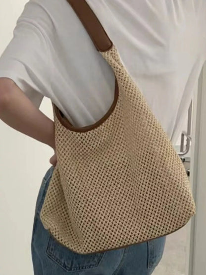 Woven Straw Handbag with Leather Strap