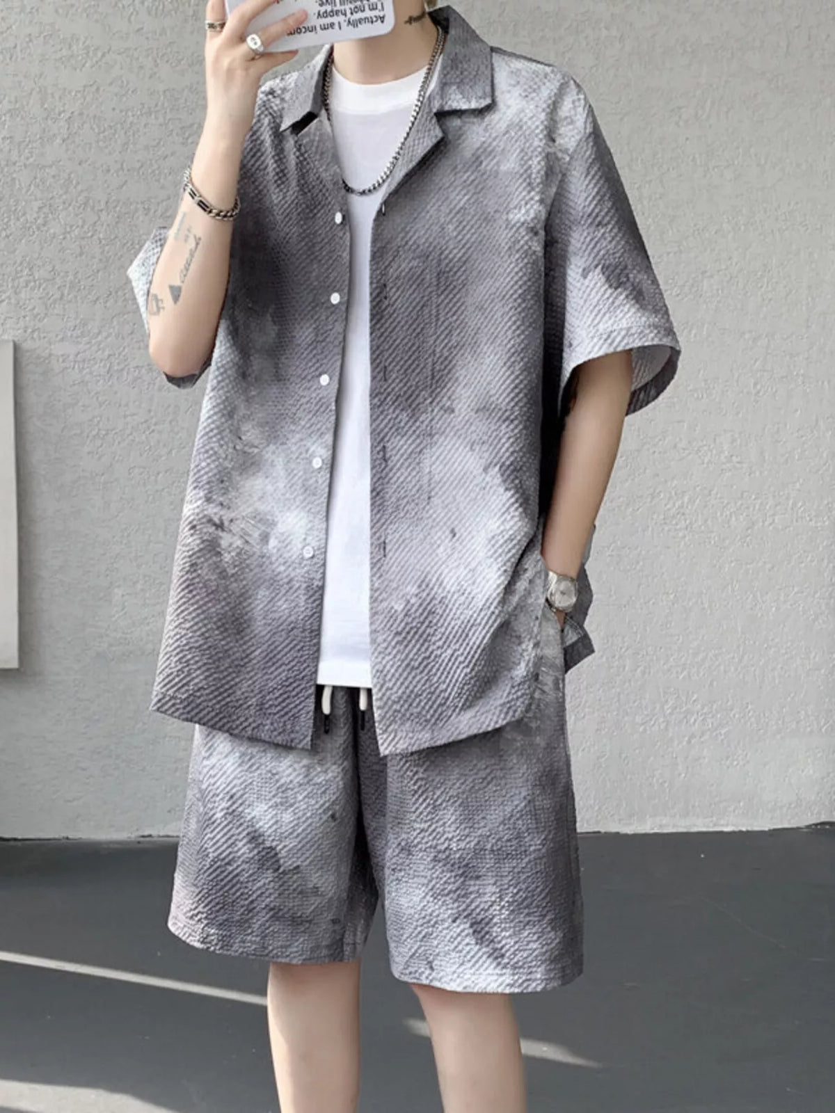 Men's Plus Size Tie-Dye Print Shirt and Shorts Set