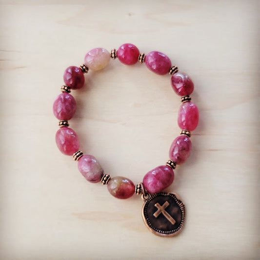 **Natural Pink Jade Beaded Bracelet w Scroll Charm Accent 810x