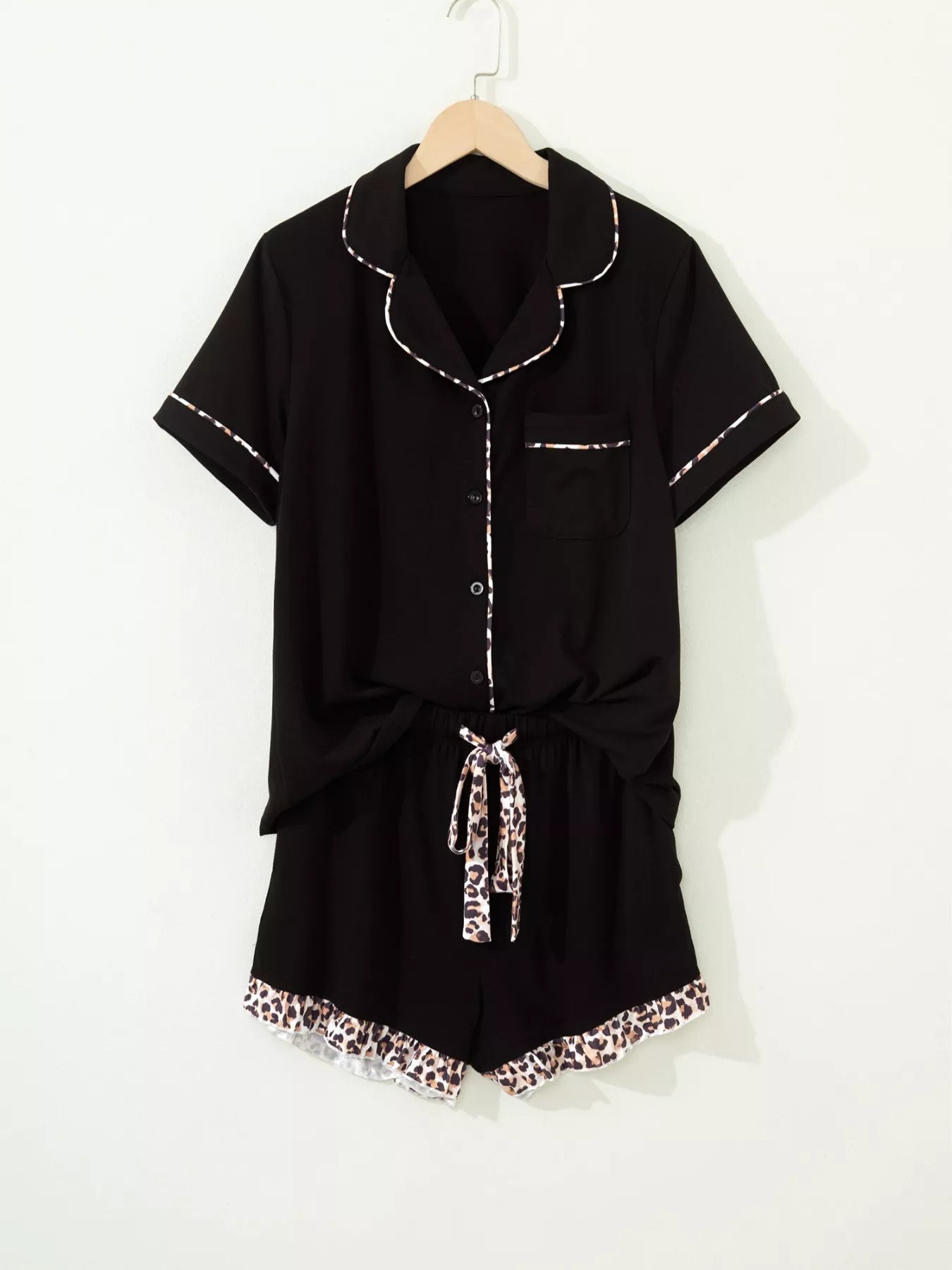 k Leopard Patchwork Trim Lapel Shirt Drawstring Shorts 2pcs Pajama Set