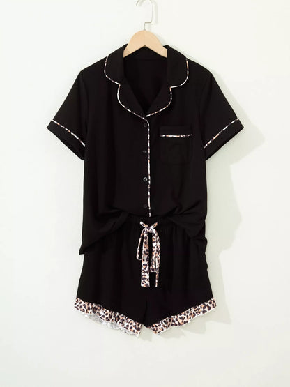 k Leopard Patchwork Trim Lapel Shirt Drawstring Shorts 2pcs Pajama Set