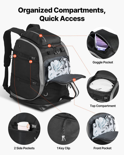 Ski Boot Bag, 65L, Snowboard Boots Travel Backpack For Men Women, With Waterproof Exterior & Bottom, Durable 1680D Oxford, Bag For Skis, Snowboard, Helmet, Goggles, Gloves, Accessories (Black).