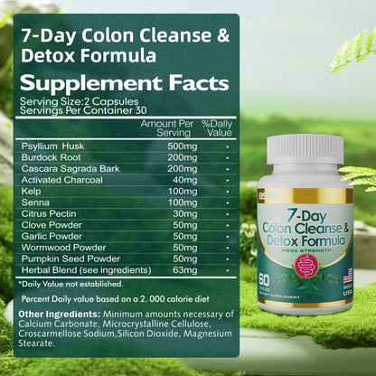 7 Day Colon Cleanse Detox Formula Capsules Digestive Support Supplement | 30 Capsules