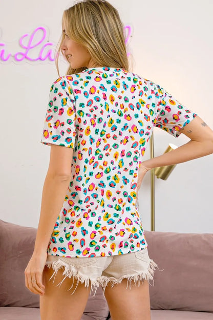 BiBi Multi Color Leopard Jersey Shirred V Neck Top