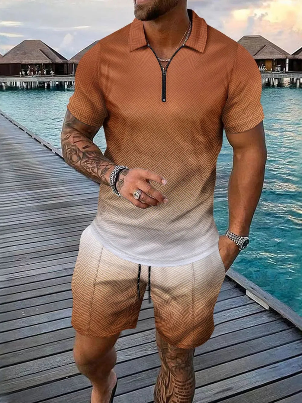 Men's Full Size Gradient Collared Neck Top and Shorts Set Plus Size